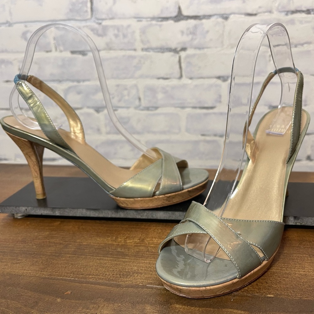 Staurt Weitzman metallic & cork sling back heels